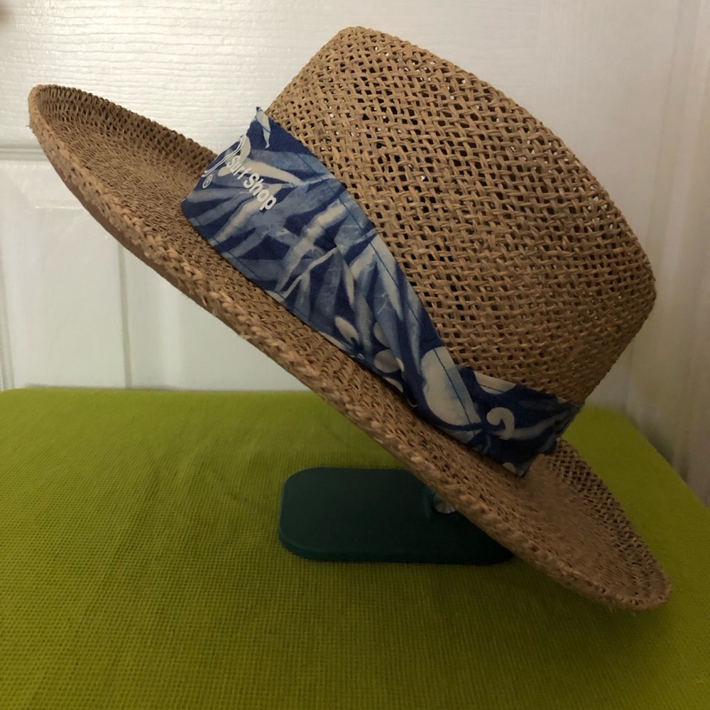 Ron Jon Surf Shop fedora Panama hat tan straw blue white tropics fabric trim '06